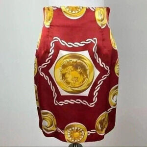 Vtg pencil skirt Asian red gold coin graphic